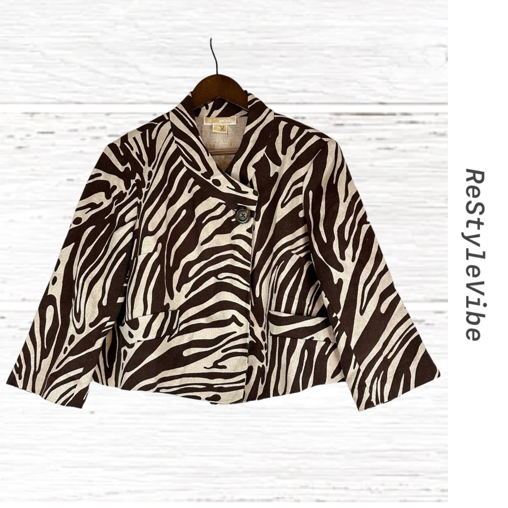 MICHAEL KORS Women’s Size 12P Jacket Blazer Cropped Linen Animal Zebra Print